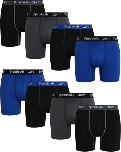 Reebok Mens Boxer Briefs - 8 Pack Stretch Performance Moisture Wicking Mens Underwear Boxers with Contour Pouch (Sizes: S-XL)