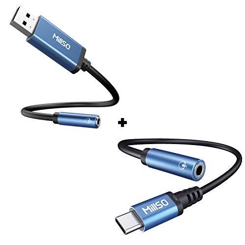 MillSO USB to 3.5mm Audio Jack Adapter + MillSO USB Type C to 3.5mm Headphone Jack Adapter (Sapphire Blue)