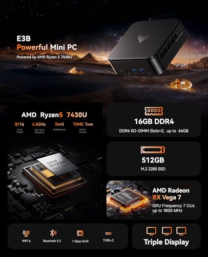 E3B AMD Ryzen 5 7430U, 16GB DDR4 512GB SSD Mini Desktop Computer, Radeon RX Vega 7, 4K@60Hz Triplo Display DP+HDMI+Type-C/WiFi 6/BT5.2 Micro Gaming PC - PC Desktop - Immagine 1