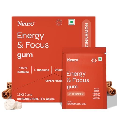Neuro Energy & Focus Gum - Cinnamon | Quick Energy Boost & Enhanced Focus | Natural Caffeine + 60 mg L-Theanine + Vitamin B6 & B12 | No Added Sugar | Aspartame Free | 30 Gums
