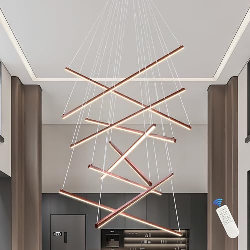 Mccokaige 47" Walnut 9-Light Modern Led Chandelier for Living Room Dimmable Linear Led Chandelier Bedroom Large Chandeliers for Dining Room Modern Pendant Light for High Ceiling Living Room Foyer