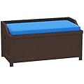 Outsunny Outdoor Wicker Storage Bench Deck Box, PE Rattan Patio Furniture Pool Storage Bin Container with Interior Waterproof Cloth Bag and Comfortable Cushion, Navy Blue
