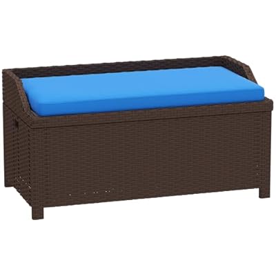 Outsunny Outdoor Wicker Storage Bench Deck Box, PE Rattan Patio Furniture Pool Storage Bin Container with Interior Waterproof Cloth Bag and Comfortable Cushion, Navy Blue