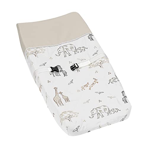 Image of Sweet Jojo Designs Jungle Safari Animals Boy Girl Baby Nursery Changing Pad Cover Beige Brown Taupe Black and White Gender Neutral Animal Elephant Giraffe Wildlife Adventure Zebra Elephants Serengeti