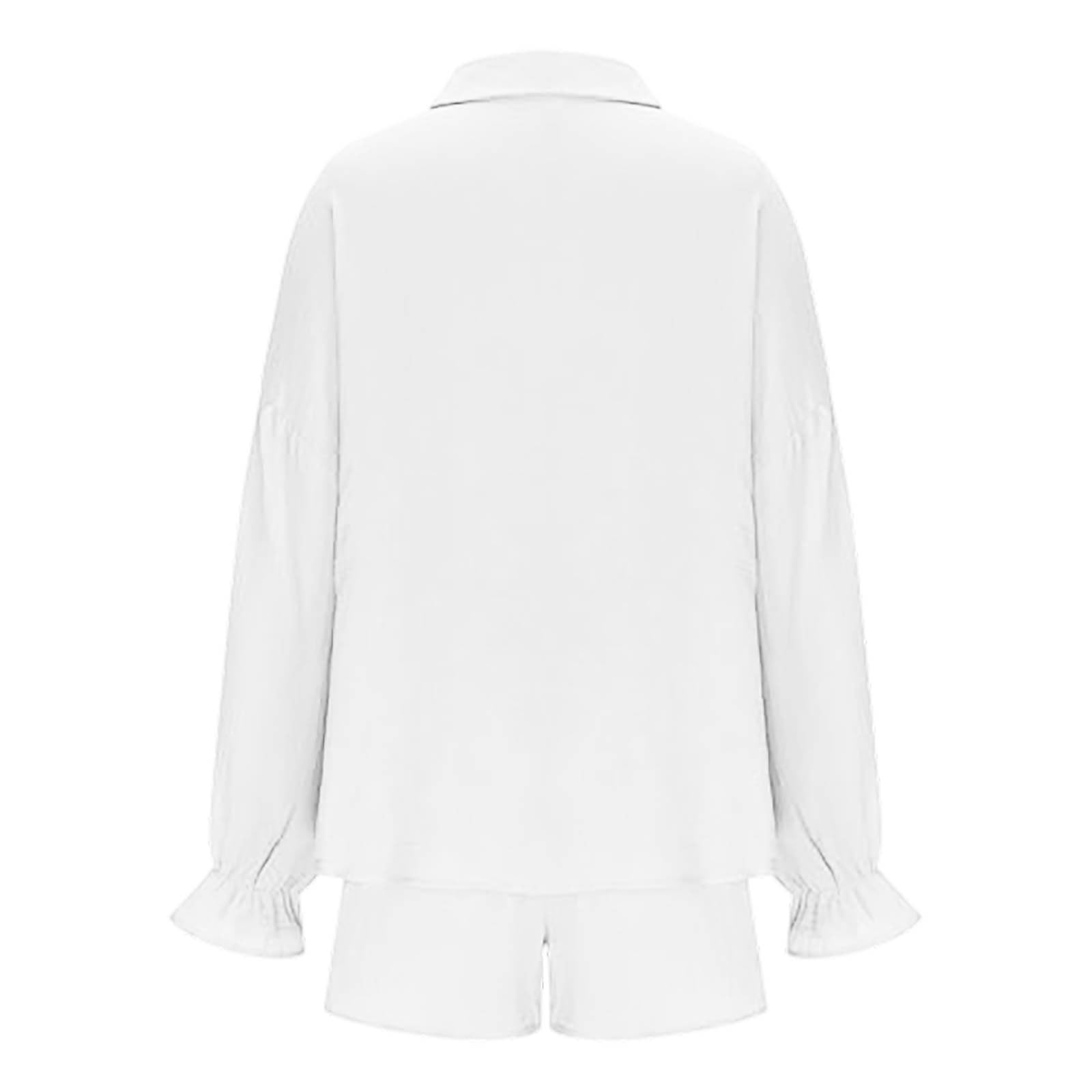 Generisch Lässiges, Knittriges Langarmhemd Und Hochgeschnittene Shorts – Modisches Sommer-Zweiteiler-Outfit, Bequemer Freizeitanzug, Leichte Homewear, Atmungsaktive Kleidung
