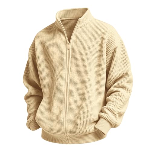 JOFOW Boys Waffle Knit Full Zip Stand Collar Jacket Kids Sweatshirts Beige - image 2