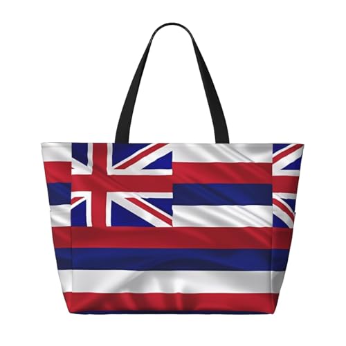 Flag of Hawaii American Large capacity beach bag with zipper, perfect for grocery bag pool gym travel shopping foldable beach travel bag,2