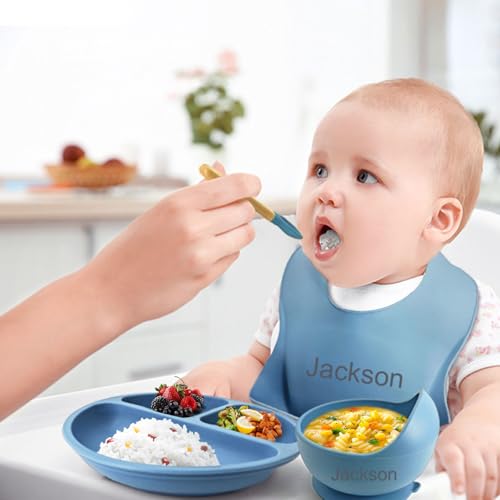 Personalisiertes Silikon-Baby-Essset mit Namen, individuelles Baby-Selbstentwöhnungsset, Selbstfütterungsgeschirr mit Löffel, Gabel, Silikon-Saugnapfschale, Tasse, Teller Armeegrün