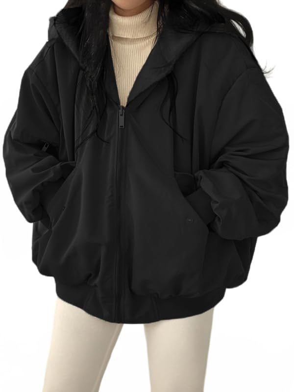 EMMIOL Womens Winter Coats Hooded Fleece Puffer Reversible Long Sleeve Oversized Full Zipper Warm Jackets