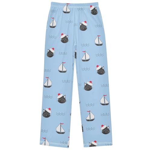 Boy's Pj Pants Marine Cat Sailor Ship Lounge Bottoms Elastic Kids Sweatpants Joggers with Pockets Size 6-14