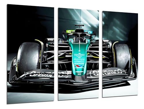 Set 3 cuadros decorativos para pared, Decoración Salón Modernos, Dormitorios, Habitación, impresión sobre madera con colgadores, Coche Formula 1 2024 Aston Martin AMR24, Fernando Alonso, (97 x 62 cm)
