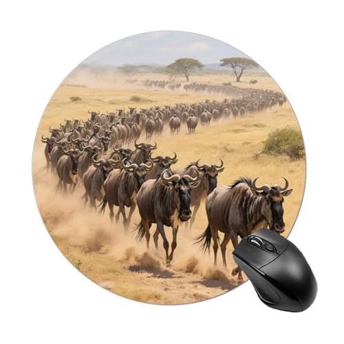 Rundes Mauspad mit rennendem Gnu, niedliche, rutschfeste Schreibtischunterlage aus Gummi, lustiges kleines Mauspad für Büro und Gaming, dekoratives Computerzubehör für den Schreibtisch im Homeoffice