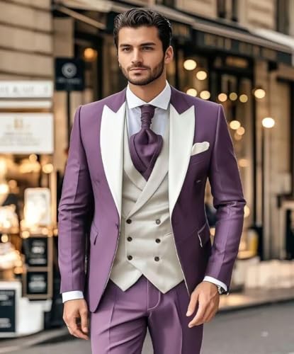 Men's 3 Piece Slim Fit Suit Contrast Color Wedding Tuxedo Notched Lapel Suit for Men Formal Business Elegant Suits ALV243