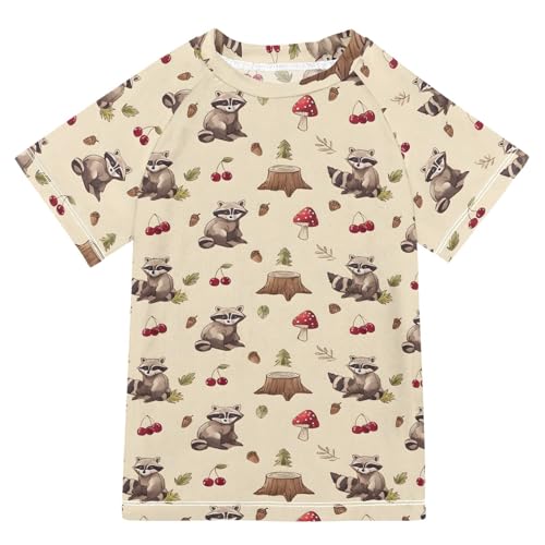ALAZA Kids Rash Guard Boys Toddler Swim Shirts Short Sleeve Raccoon Cherry UPF 50+ 3T