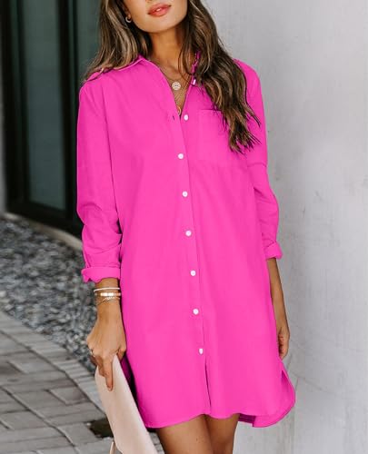 Image of Aoudery Womens Button Down Shirt Dresses with Pockets Cotton Button Up Tunics Long Sleeve Solid High Low Blouse Tops