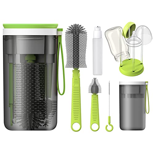 Image of Winforhour Baby Bottle Brush Cleaner Kit, Green, 6-in-1, Liquid Silicone Bristles, Dishwasher Safe, Suitable for Boiling