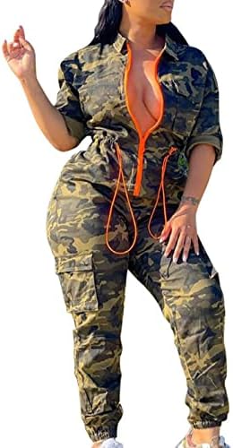 IUALXYBB Women's Casual Camouflage Long Jumpsuits Drawstring Waist Zipper Jogger Pants Set One-Piece Work Out Rompers (XL,Camo,X-Large)