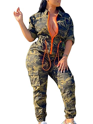 Iualxybb Women's Casual Camouflage Long Jumpsuits Drawstring Waist Zipper Jogger Pants Set One-Piece Work Out Rompers (Xl,Camo,X-Large) #TOP27