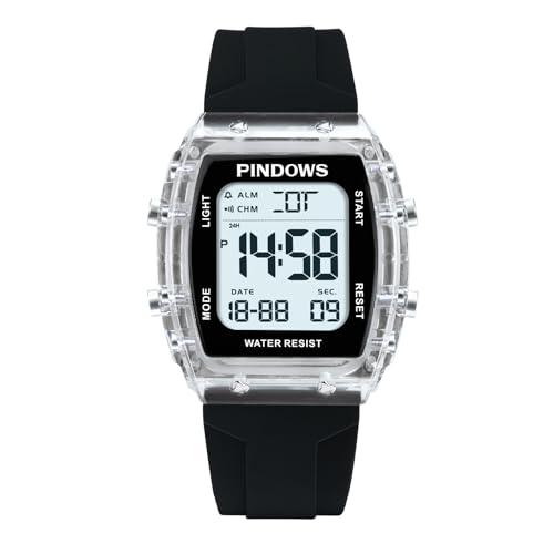 PINDOWS Digitale Sportuhr für Damen, transparentes Gehäuse, helles LED-Licht, 5 ATM wasserdicht, Stoppuhr-Alarm, Dualzeit, stilvolle Uhr für aktive Damen und Teenager