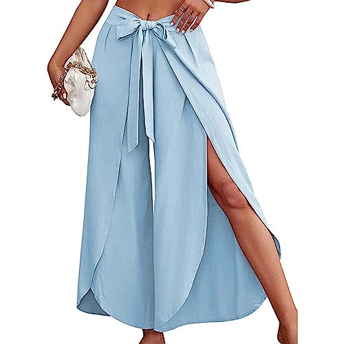 GOKKILRW Womens Beach Palazzo Pants Wide Leg Summer Pants Lightweight Flowy Side Split Travel Pants Boho High Waisted Trouser3