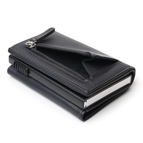 Image of BLACKTHORNE Wallet for Men | RFID Blocking Genuine Trifold Leather Pop-Up Card Holder | Slim Minimal Design with Aluminium Case Holds 6-8 Cards, Coin Pocket & Magnetic Closure (Navy Blue)