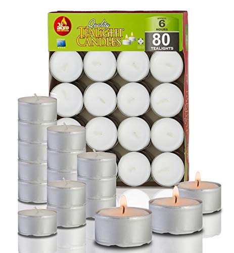Ner Mitzvah 6 Hour Tea Light Candles - 80 Pack Bulk Package - White Unscented Travel, Centerpiece, Decorative Candle With Maxi Burn Time - Pressed Wax #TOP23