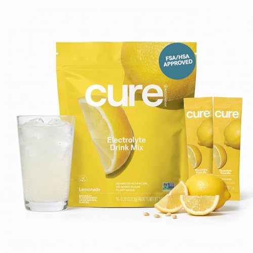 Image of Cure Hydration | Plant-Based Electrolyte Drink Mix | No Added Sugar | FSA-HSA | Dehydration Relief Powder Made with Coconut Water | Non-GMO | Vegan | Pouch of 14 Packets - Lemonade