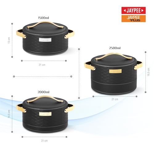 Image of JAYPEE Luxura Inner Stainless Steel Serving Casserole Set of 3 Elegance Unique Design PU Insulated 100% Food Grade with Lockable Lid, Chrome Plated Handle Hot Case | 1500, 2000, 2500 ml, Black
