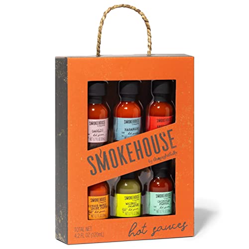 Smokehouse by Thoughtfully, Global Traveler Hot Sauce Collection, Flavours Include Habanero, Chipotle, Pepper, Tigerblood, Lava and Extreme, Set of 6