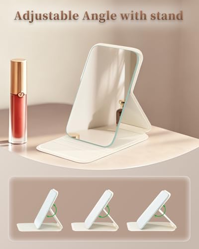 Image of vpu Foldable Compact Makeup Mirror, Portable Pocket Travel Mirrors Ultrathin Handheld PU Rectangular Standing Cosmetic Mirror with Adjustable Stand Suitable for Camping, Home, Office, Travel