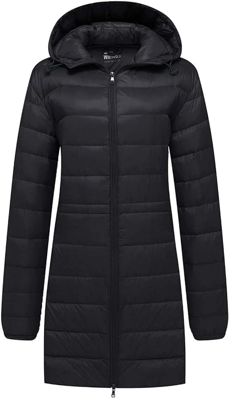 Wantdo Chaqueta de Pluma Ultra Ligero Plumiferos Cálido Capucha Otoño Abrigo Largo para Viaje Plegable Cazadora de Pluma Delgada Exterior Mujer Negro Large