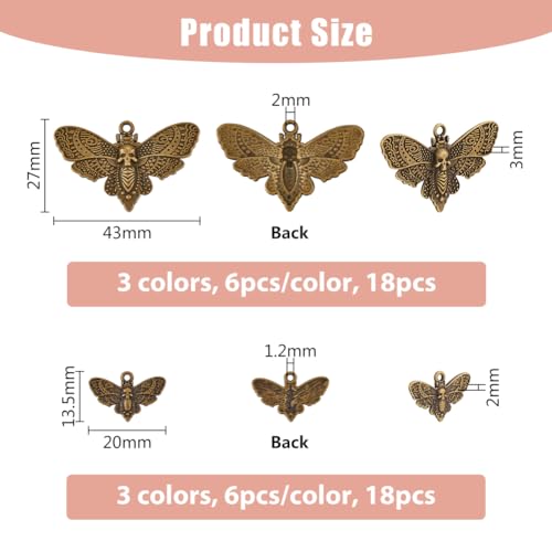 SUPERFINDINGS 36Pcs 3 Colors Moth Gothic Pendants 3 Sizes Black Silver Insect Charm Moth with Skull Head Animal Charms for Party DIY Jewelry Necklace Bracelet - Image 2