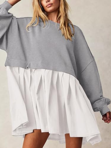 Image of Dokuritu Sweatshirt Dress Women Crew Neck Long Sleeve Patchwork Pullover Tops Flowy Oversized Sweatshirt Mini Dress
