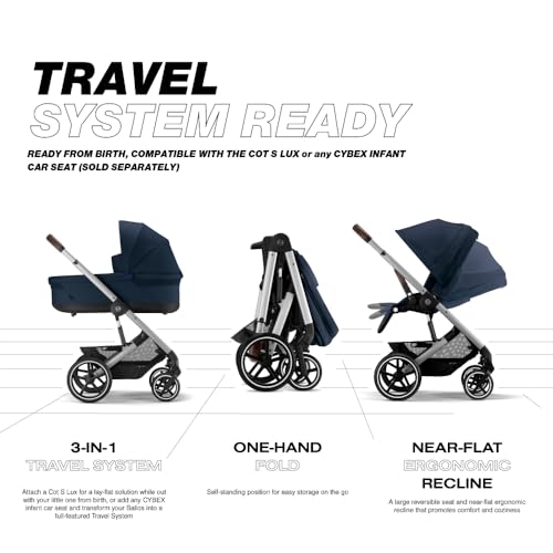 Image of Cybex Balios S Lux Toddler and Baby Stroller with Reversible Seat, Unique One-Pull Harness, and Multiple Recline - Travel System Ready, with One Hand Fold, Silver Frame /Ocean Blue Seat
