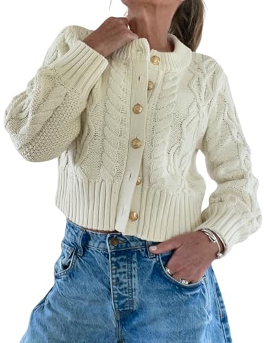 Watashi Women Sweater Casual Button Down Cable Knit Long Sleeve Cardigan Crewneck Lightweight Knitted Tops