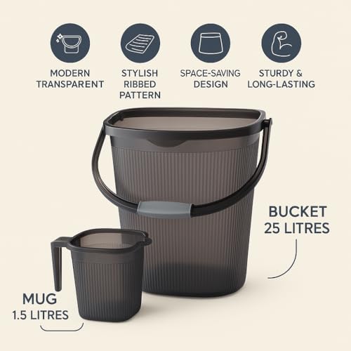 Image of Strong Plastic Bucket Mug Bathroom Set of 2 for Kitchen & Bathroom (25L Bucket,1.5L Mug) (Transparent Grey)