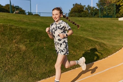 Image of Girls Summer Outfits Kids Hooded-Shirts and Elastic Waist Shorts Sets | short sleeve drop shoulder hooded shirt and shorts with two pockets tie dye leopard letter