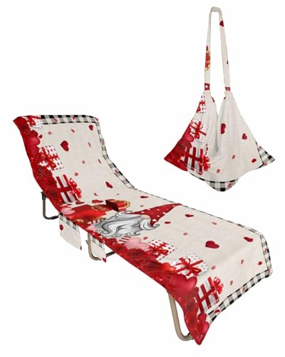 Red Gnomes Valentine Day Beach Lounge Chair Towel Cover, Soft Chaise Lounge Towel with Side Pockets Patio Pool Chairs Cover for Beach/Pool Sunbathing 29x85 Red Floral Love Heart Black Plaid
