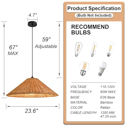 Lingkai 23.6'' Large Weaving Rattan Chandelier, Coastal Chandelier Hand Woven Rattan Dome Pendant Lighting Fixture Farmhouse Natural Basket Hanging Light by Lingkai - Used condition - Image 2