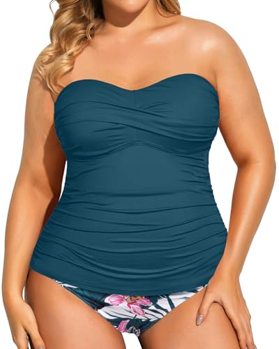 Aqua Eve Women Two Piece Plus Size Tankini Strapless Bathing Suits Bandeau Swimsuits with High Waisted Bottom Teal Flower 16W