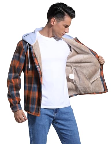 Men's Cotton Plaid Long Sleeve Shirts Jacket Fleece Lined Flannel Shirts Sherpa Button Down Coat with Hood4