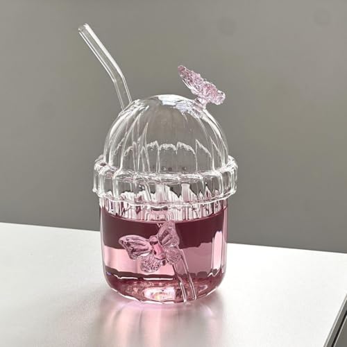 Image of Pink Butterfly Glass Cup with Lid and Straw,3D Butterfly Glass Tumbler Cute Aesthetic Cups Vintage French-Style Drinking Glasses for Hot and Cold Beverages Juice,Cocktail,Whiskey,Milk