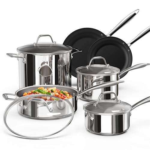 Stainless Steel Pots and Pans Set 10 Piece, Kitchen Cookware Set with Nonstick Frying Pans and Glass Lids, Induction Cookware Set, Including 2 Saucepans, Sauté pan, 2 Frying Pans, Stock Pot