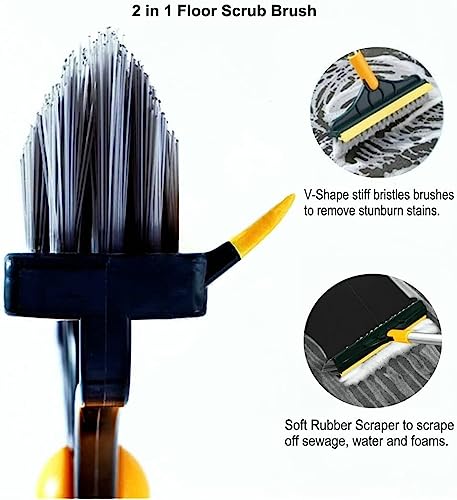 Image of Bathroom Cleaning Brush with Wiper, Long Handle Floor Scrubber Brush with Water Wiper Blade, Heavy Duty Tile & Floooor Cleaning Brush, Multipurpose Bathroom Kitchen Floor Cleaner Tool, 2 in 1 Yellow