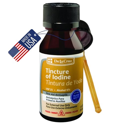 De La Cruz Tincture of Iodine - 2% Iodine Tincture - Iodine First Aid Antiseptic for Minor Cuts and Scrapes - 1 fl OZ (1 Bottle)