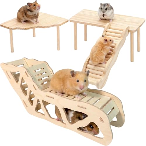 4 Pcs Hamster Platform Wooden Tunnel Ladder Hidden Play House Hamster Game Climbing Toy with Platform Decor Toy cage Accessories for Dwarf Syrian Mice Degus Gerbils Squirrel and Other Small Pets