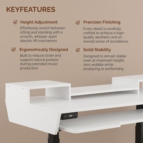 Image of TEKAVO Kreate Studio Table Height Adjustable Music Production | Monitor Riser + Long Keyboard Tray | Desk for Editing Studio, Gaming, Workstation | White, Metal | 153L x 76.5 W x 70 to 120H CM | DIY
