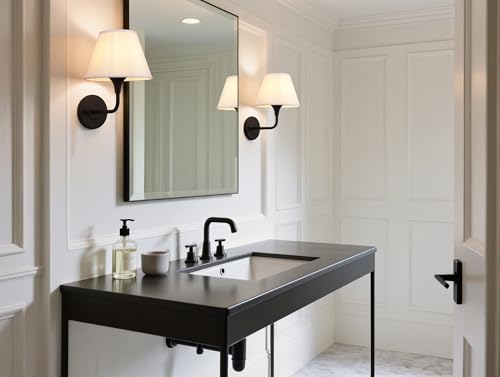 Image of PERMO Wall Sconces Set of 2 Antique Black Sconce Hardwired | Sconce Set of Two with 6.3 inch High White Fabric Lampshade Wall Light for Bedroom Hallway Bathroom Stairs Kitchen