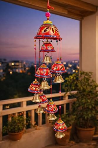 Image of Bindian Rajasthani Handcrafted 8-Bell Hanging Windchimes | Traditional Plastic Latkan for Home Decor, Vastu & Positive Energy | Elegant Wall Hanging for Balcony, Living Room (Red-2)