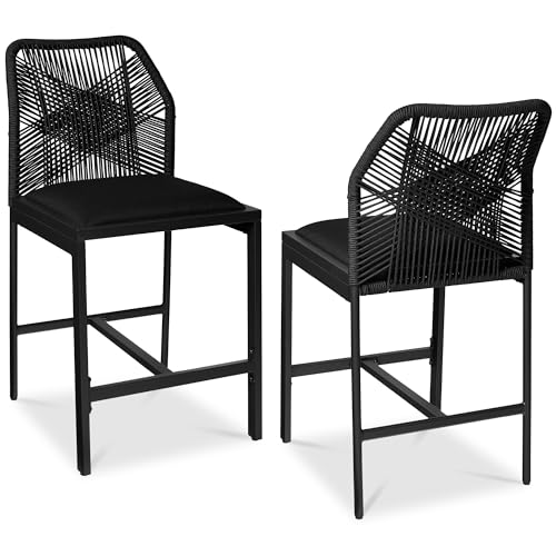 Best Choice Products Indoor Outdoor Counter Height Bar Stools Set of 2, Armless Kitchen Counter Stools w/Back and Footrest, Built-in Cushion, Aluminum Frame - Black/Obsidian